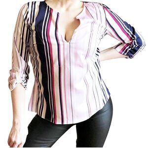 New York & Company Womens Top XS Pink Stripe Blouse V neck Flowy Office Shirt